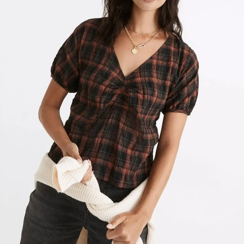 Madewell Preppy V-Neck Plaid Gathered Slightly Shrunken Puff Sleeve Casual Top